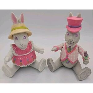 Easter Bunny Rabbits Dept. 56 Ceramic Walter & Emily 1984 Sit‎ Or Stand Moveable